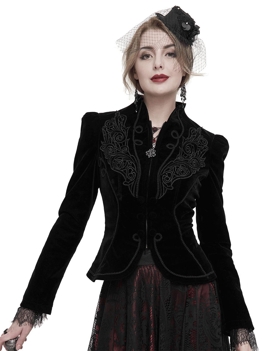 Gothic black velvet zipper jacket for women with lace appliqué and decorative buttons.